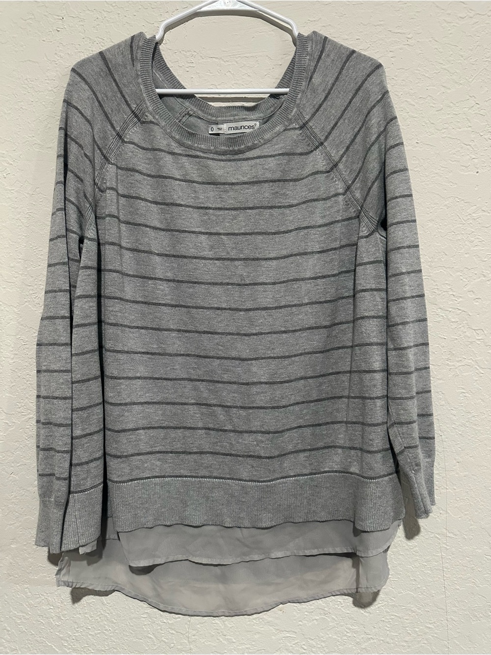 Maurices Light Gray Striped Knit Sweatshirt with Layered Hem
